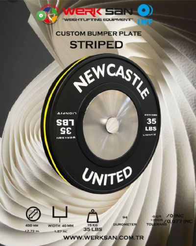 CUSTOM BUMPER PLATE 35 LBS DISC STRIPED