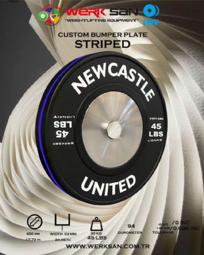 CUSTOM BUMPER PLATE 45 LBS DISC STRIPED
