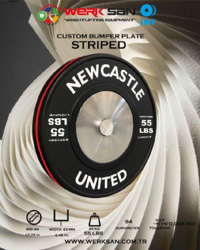 CUSTOM BUMPER PLATE 55 LBS DISC STRIPED